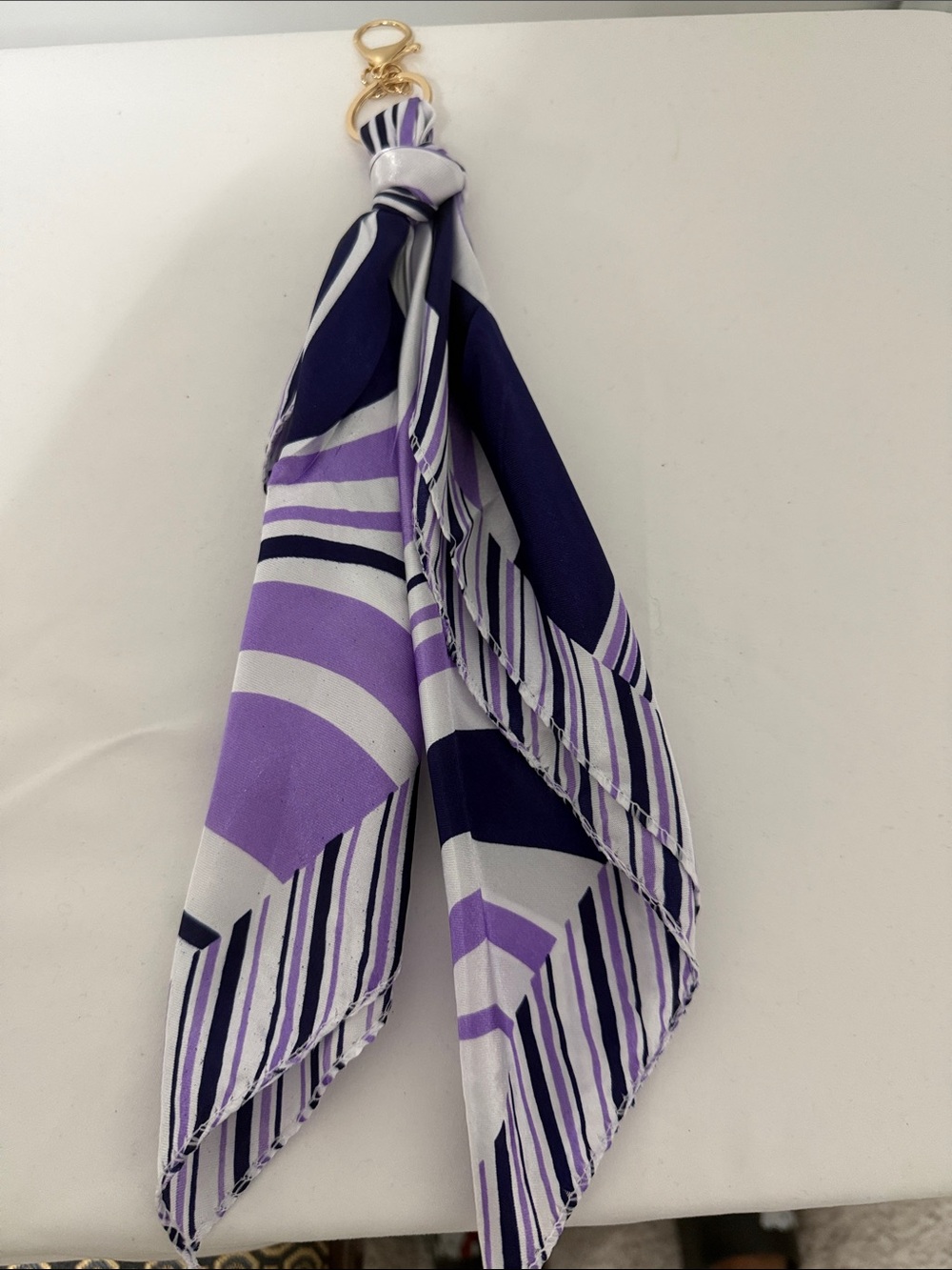 Purple & White Patterned Scarf Keychain with Gold Ring